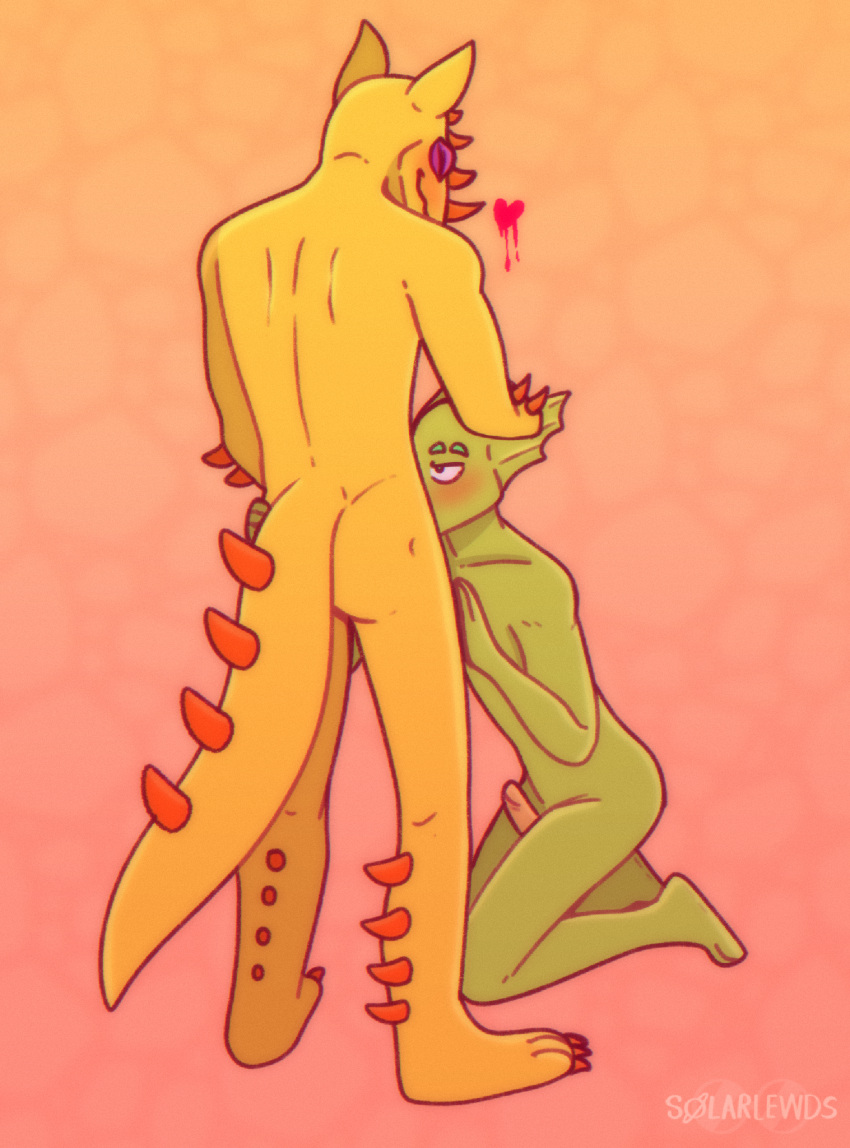 anthro blush claws digital_media_(artwork) dragon duo ear_fins feet fellatio fin fish genitals green_body hand_on_head heart_symbol hi_res horn humanoid male male/male male_penetrating marine mythological_creature mythological_scalie mythology nude oral oral_penetration penetration penile penis scalie sex simple_background smile solarlewds spikes supercell_(comic) tail toe_claws tohauza_zaegon_(supercell) vrilen_(supercell) yellow_body