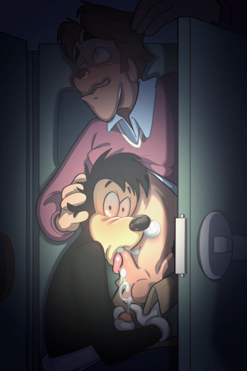 absurd_res anthro balls bodily_fluids bottomwear bottomwear_down bradley_uppercrust_iii canid canine canis caught clenched_teeth clothed clothing clothing_lift cum cum_in_mouth cum_inside cumshot dark digital_media_(artwork) disney domestic_dog duo ejaculation erection fellatio flashlight fur genital_fluids genitals goof_troop hair hairlessboyblunder hi_res humanoid_genitalia humanoid_penis locker looking_at_viewer male male/male mammal masturbation max_goof open_mouth oral oral_penetration orgasm pants pants_down partially_clothed penetration penile penile_masturbation penis sex shirt shirt_lift simple_background teeth topwear