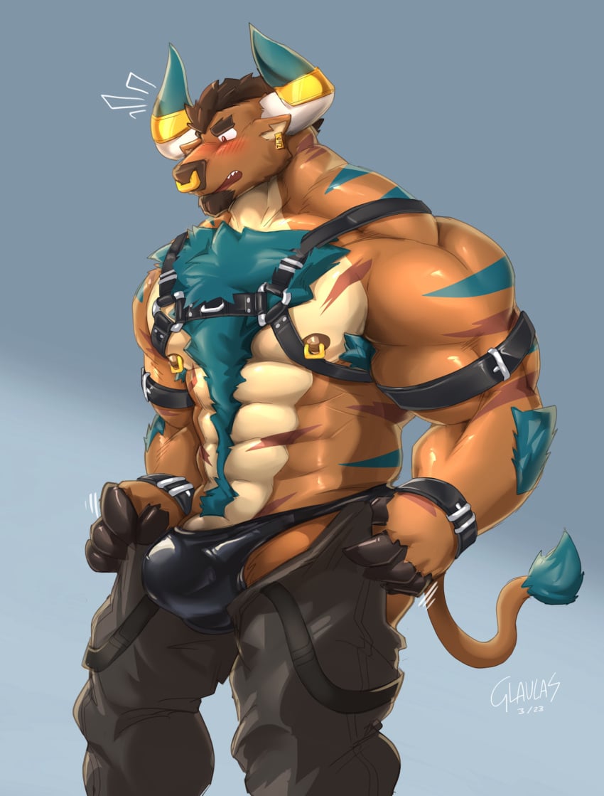 2023 2_horns abs anthro barazoku biceps big_bulge big_muscles biped bovid bovine brown_body brown_fur bulge cattle curved_horn fur glaucablitz hi_res horn male mammal muscular muscular_anthro muscular_male pecs solo standing