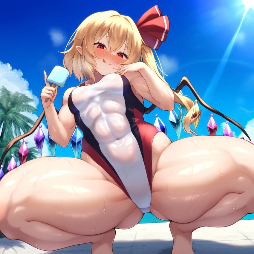 1girls 2d abs abs_visible_through_clothing ai_generated bare_shoulders barefoot belly belly_button belly_button_visible_through_clothing blonde_hair blush breasts crystal_wings day daytime female flandre_scarlet hair_ribbon hips holding holding_ice_cream holding_object ice_cream licking licking_lips one_piece_swimsuit pointy_ears pool poolside red_eyes shiny_clothes shiny_skin short_hair side_ponytail small_breasts solo source squatting steam steaming_body sunlight sunlight_rays swimsuit swimsuit_only swimwear thick_thighs thighs touhou vampire vampire_girl wet wet_clothes wet_clothing wide_hips wings