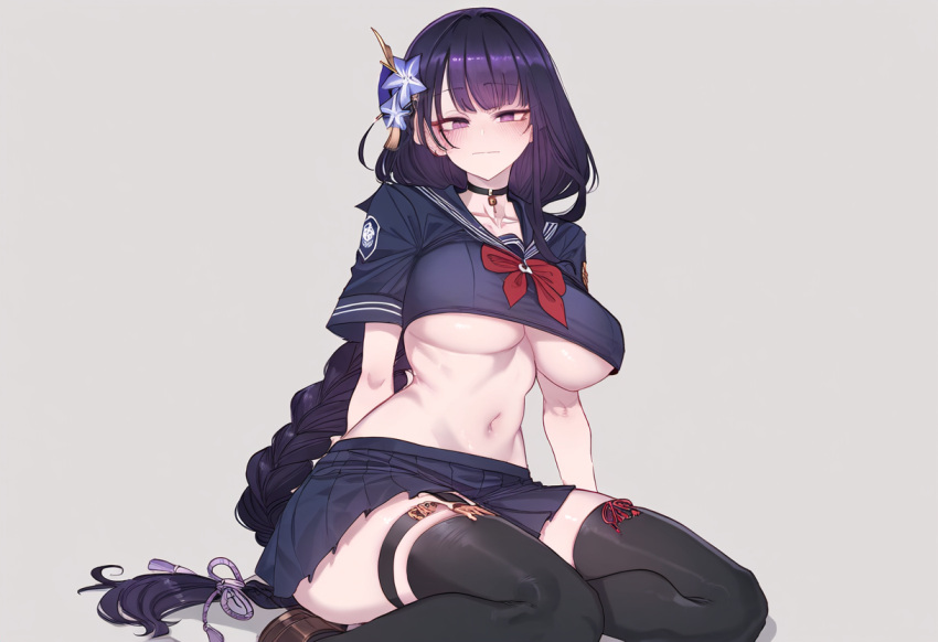 1girls ai_generated akyoi blush genshin_impact large_breasts pout purple_eyes purple_hair raiden_shogun underboob white_background