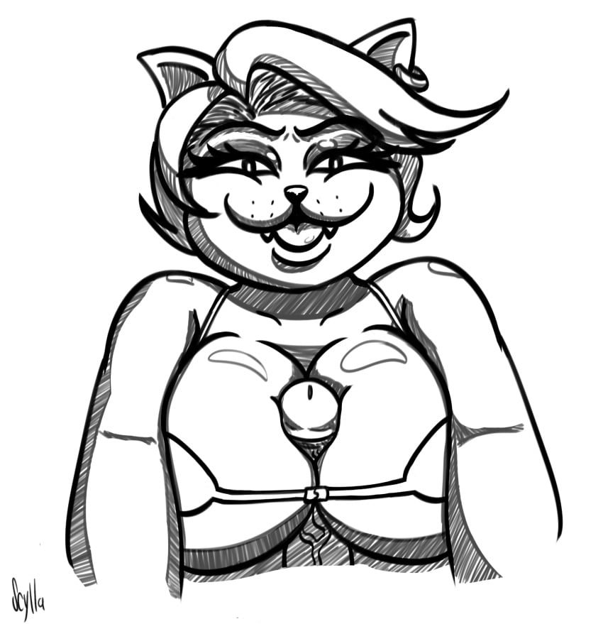 anthro bikini breast_play breast_squish breasts catty_(undertale) clothing duo felid feline female genitals hair hi_res littlescylla male male/female mammal monochrome paizuri penis sex shaded short_hair simple_background squish swimwear teeth tongue undertale_(series)