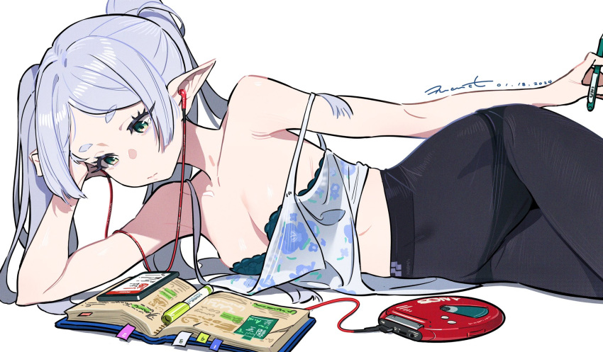 1girls belly_button bra cd_player elf elf_ears elf_female female frieren frieren_beyond_journey's_end green_eyes grey_hair jpeg listening_to_music lying lying_on_side pantyhose petite petite_body petite_female pointy_ears see-through_clothing slim_waist small_breasts sousou_no_frieren tizibade tz_bard white_hair