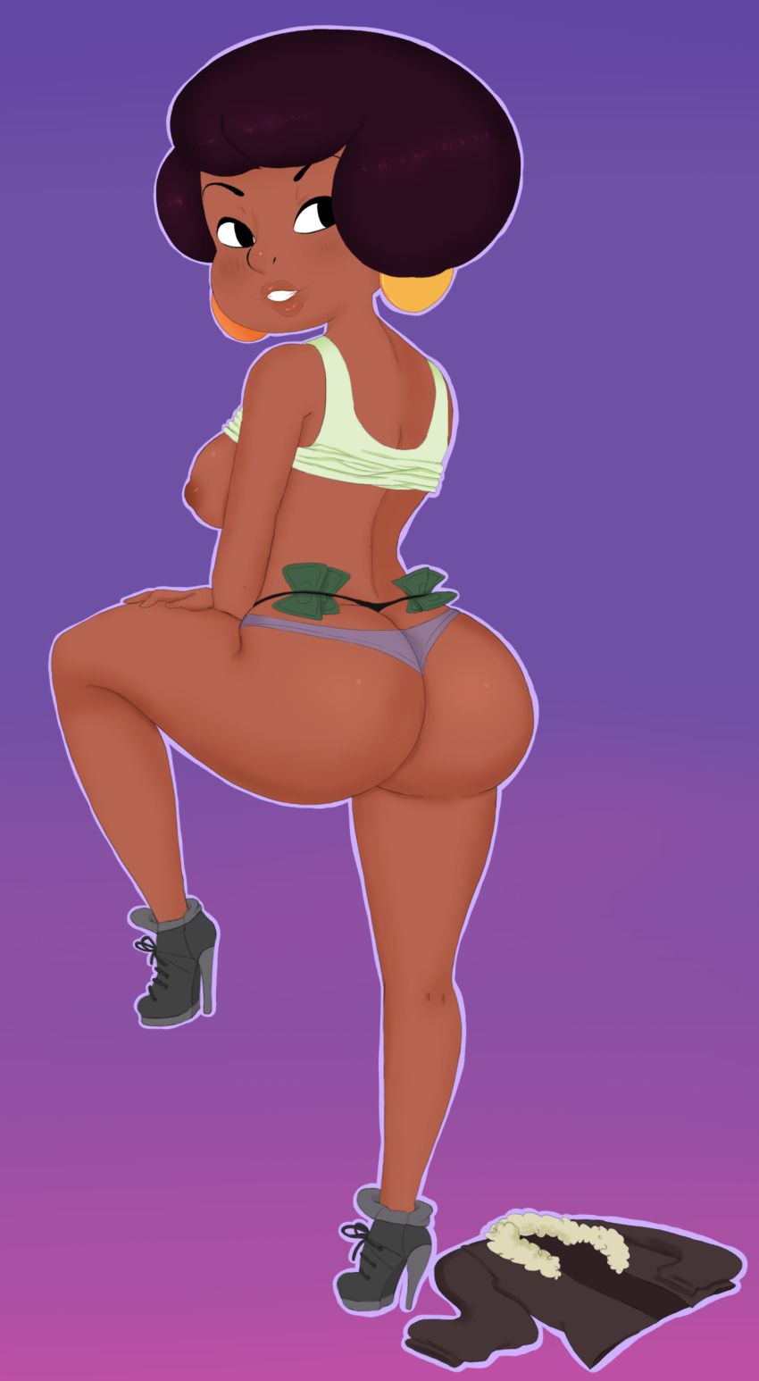 1girls ass ass_cleavage big_ass breasts butt_crack cartoon_network clothing dark-skinned_female dark_skin female hoshime human jenny_pizza money panties purple_panties shirt shirt_lift short_hair solo steven_universe straight_hair thong whale_tail