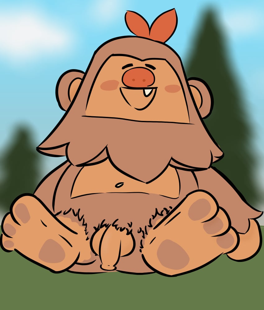 3_toes balls belly big_nose biped blurred_background blush chibi digital_drawing_(artwork) digital_media_(artwork) exposed feet flaccid fungi_draws genitals hairy happy hi_res male navel one_tooth pawpads penis rec_room sasquatch_(my_little_monsters) simple_coloring simple_eyes solo toes toony