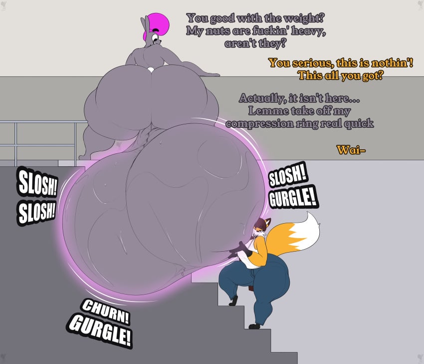 absurd_res anthro ashley_(dondadeer) ass ball_worship balls big_balls big_butt bodily_fluids canid canine clothed clothing compressed compression_tools duo excessive_sweat female fox fully_clothed genitals hi_res holding_balls huge_balls huge_butt humanoid hyper hyper_balls hyper_butt hyper_genitalia lagomorph leporid lifting_balls male male/female mammal nude onomatopoeia rabbit sebastian_cummins_(thechavicgerman) sound_effects sweat sweaty_balls sweaty_genitalia text thechavicgerman_(artist)