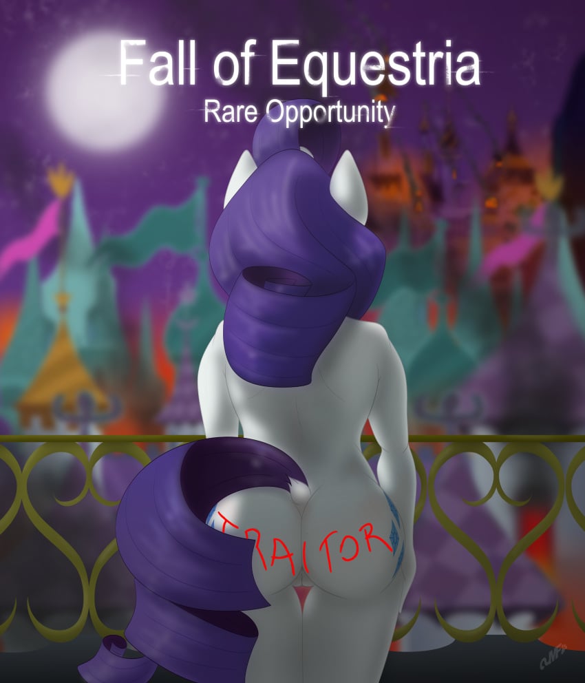 absurd_res anthro ass body_writing canterlot cutie_mark fall_of_equestria female friendship_is_magic hasbro hi_res miniferu my_little_pony nude rarity_(mlp) solo story story_in_description