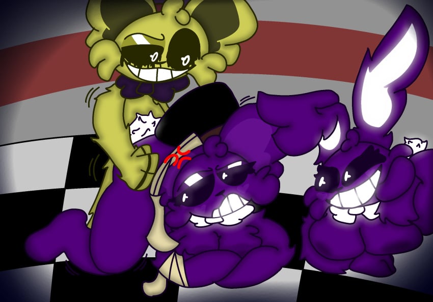 1boy 2girls annoyed anthro big_breasts breasts bunny_girl chaoticdream cheek_tuft female five_nights_at_freddy's five_nights_at_freddy's_2 from_behind fur furry golden_freddy_(fnaf) male male/female naked naked_female nipples no_visible_genitalia nude nude_female questionable_consent rabbit rabbit_ears rule_63 shadow_bonnie shadow_freddy_(fnaf) thick_thighs