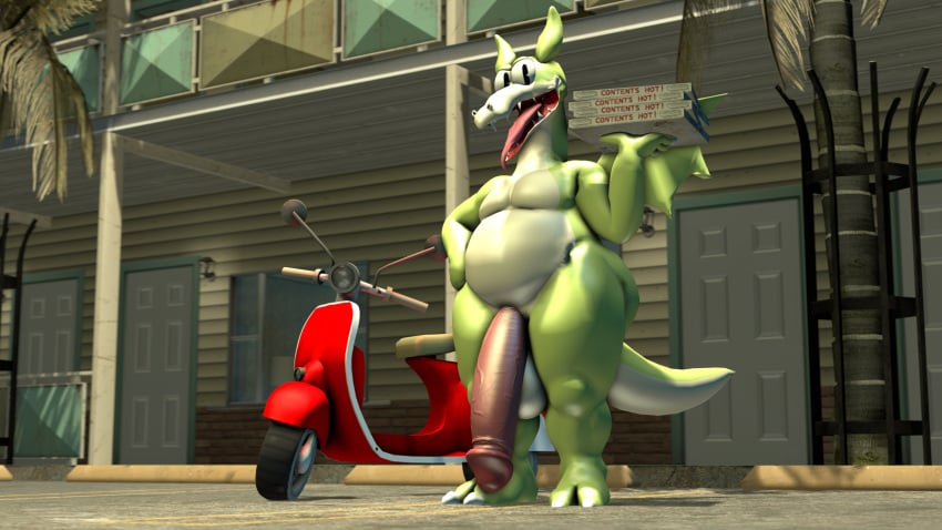 2023 2_toes 3d aceydrgn anthro back_wings balls belly big_balls big_penis bulge claws clothing container cuphead_(game) delivery_(commerce) delivery_employee digital_media_(artwork) dragon european_mythology feet food_carrier food_delivery genitals green_body grim_matchstick half-erect hi_res huge_balls huge_cock humanoid_genitalia humanoid_penis looking_at_viewer male male_anthro male_only moped mythological_creature mythological_scalie mythology nude nude_anthro nude_male open_mouth outside parking_lot penis pizza_box pizza_delivery pizza_delivery_carrier scalie source_filmmaker_(artwork) standing tail teeth tight_clothing toe_claws toes tongue tongue_out vehicle vein veiny_penis western_dragon wings