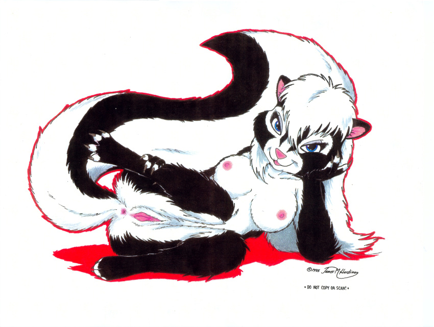 1990s 1995 20th_century absurd_res anthro anus black_fur blue_eyes breasts female fur hair hi_res james_m_hardiman looking_at_viewer mammal mephitid natasha_(jmh) nipples nude presenting pussy skunk solo spread_legs spreading white_fur white_hair