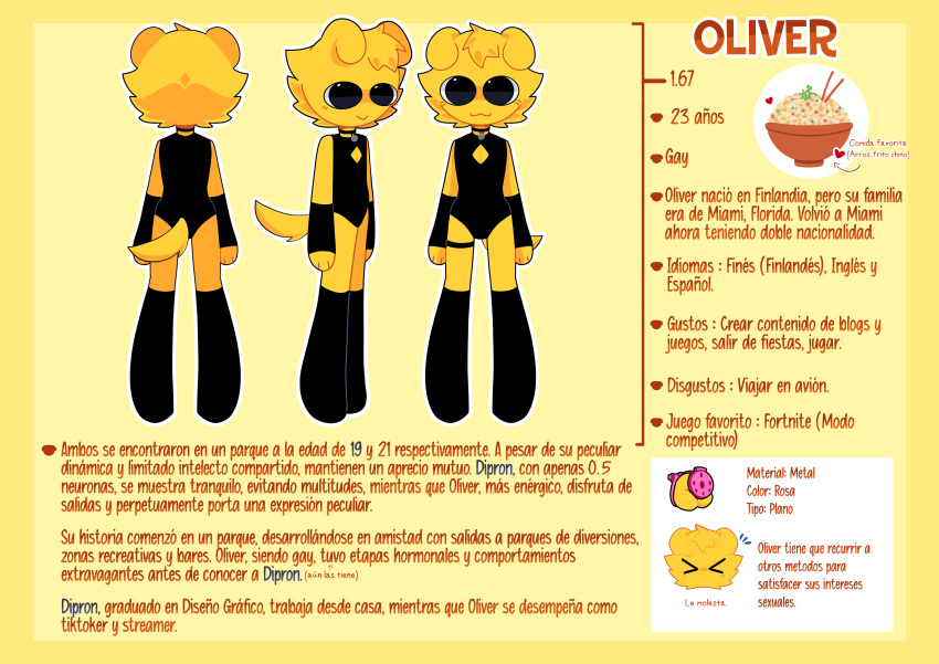 absurd_res anthro balls bell bell_collar canid canine canis chastity_cage chastity_device clothed clothing collar colored digital_drawing_(artwork) digital_media_(artwork) domestic_dog fur genitals hi_res humanoid knee_highs legwear male mammal model_sheet oliver_(mdc) signature simple_background solo spanish_text tagme tail text thewhisperingsecrets thick_thighs yellow_body