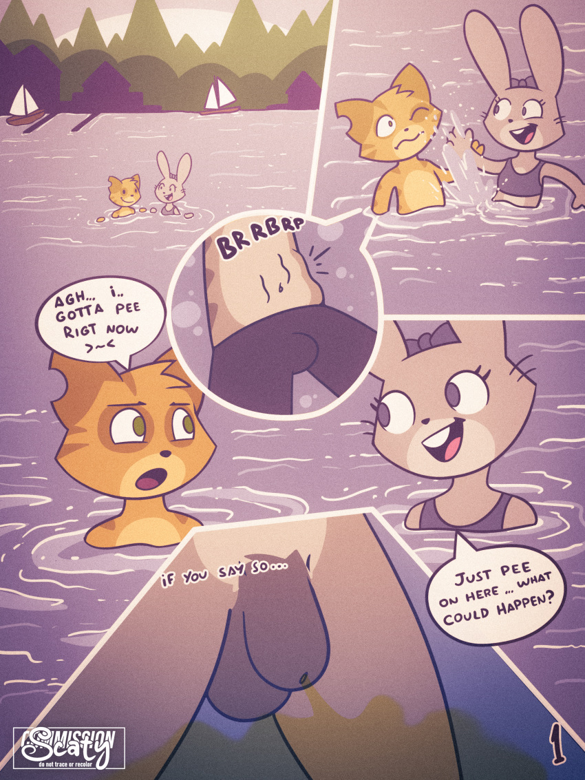 absurd_res anthro bodily_fluids comic domestic_cat duo felid feline felis female genital_fluids hi_res lagomorph lake leporid male male/female mammal peeing rabbit scaty urine water watersports