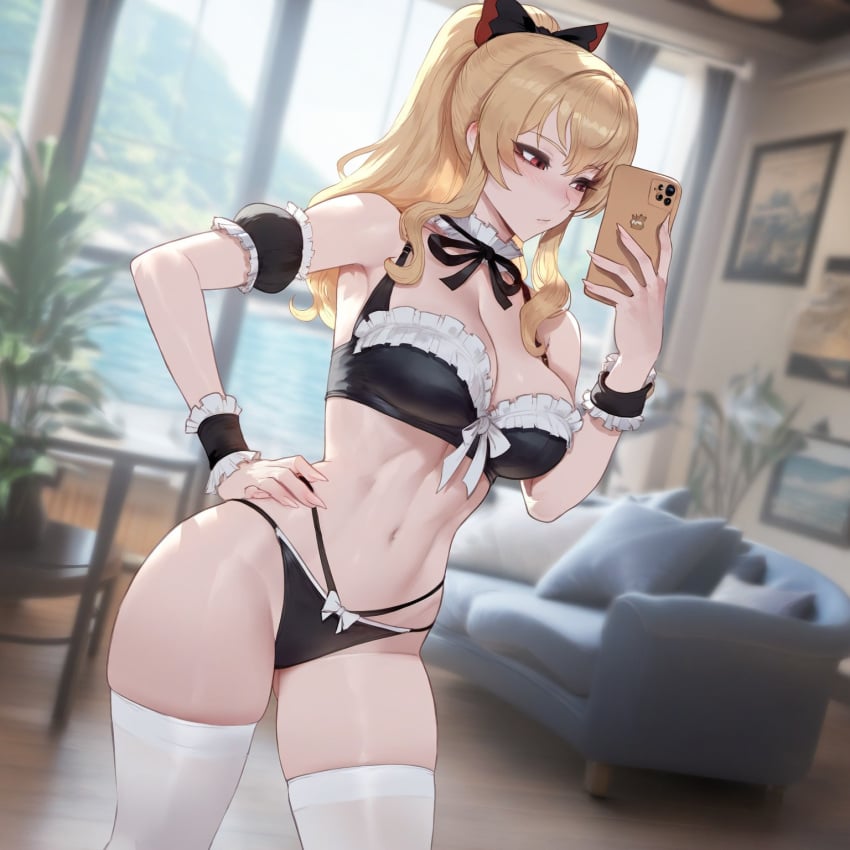 absurd_res ai_generated black_panties blonde_hair frilled_armband frilled_bra frilled_collar granblue_fantasy hairbow hand_on_hip lingerie liu_(artist) looking_at_phone maid_bikini phone ponytail selfie solo solo_female standing thighhighs vira_(granblue_fantasy) vira_lillie