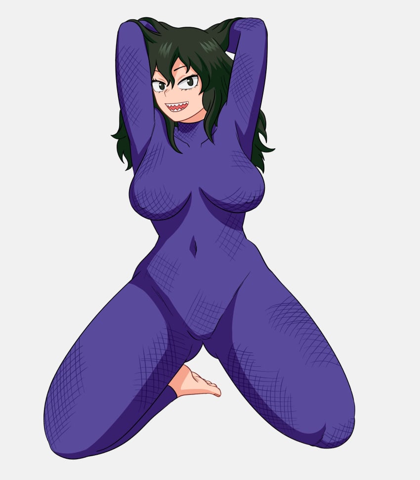 1girls barefoot bodysuit boku_no_hero_academia breasts female hero_outfit_(mha) long_hair looking_at_viewer mfuncen my_hero_academia sharp_teeth solo thighs tokage_setsuna