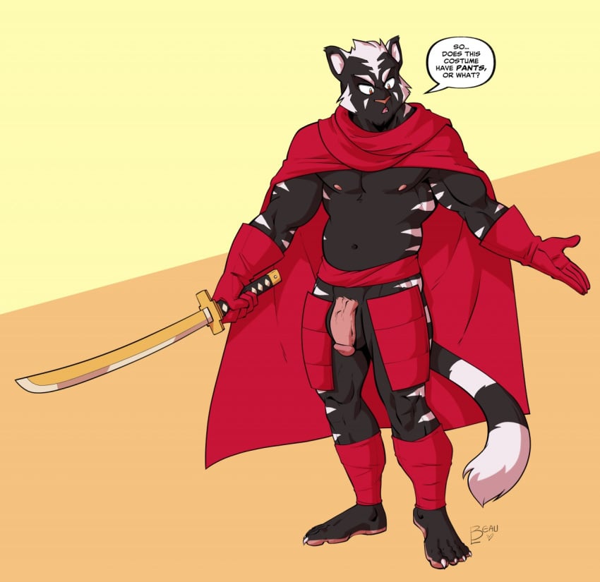 anthro armor balls black_body black_fur cape cartoon_network clothing dialogue english_text felid flaccid fur genitals gloves greaves hair half-closed_eyes handwear hi_res humanoid_genitalia humanoid_penis katana lapinbeau leg_wraps male male_only mammal mao_mao:_heroes_of_pure_heart markings melee_weapon narrowed_eyes pantherine penis simple_background solo speech_bubble striped_body striped_fur striped_markings stripes sword text tiger vein veiny_penis weapon white_hair white_stripes wraps