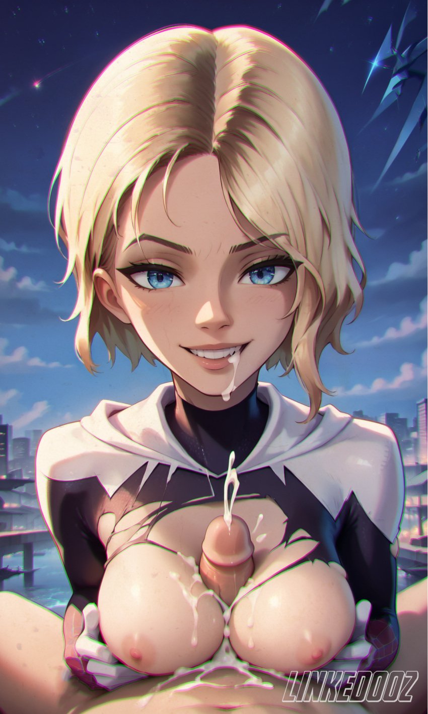 1girls ai_generated anime_style bodysuit boobjob breasts comic_page cum_on_face cumshot gwen_stacy linked002 male marvel penis photoshop spider-gwen spider-man_(series)