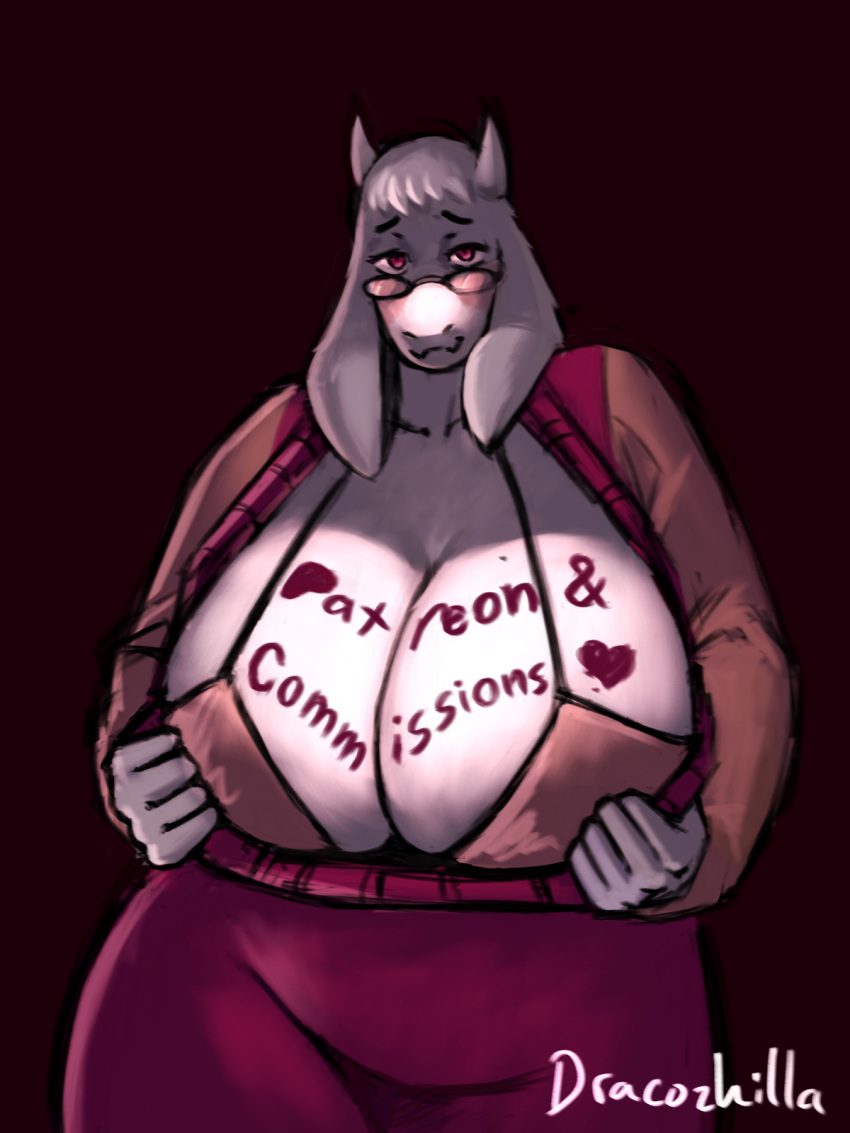 advertisement anthro big_breasts blush boss_monster_(undertale) breasts clothing clothing_pull dracozhilla eyewear female glasses hi_res humanoid light lighting slightly_chubby solo text toriel undertale_(series) url