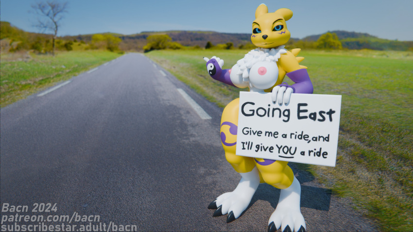 2024 3d_(artwork) anthro areola armwear bacn bandai_namco big_breasts black_sclera blue_eyes bottomless breasts canid canine clothed clothing detailed_background digimon digimon_(species) digital_media_(artwork) english_text female fox fur hi_res hitchhiking holding_object looking_at_viewer mammal nipples nude offering_sex outside partially_clothed plant presenting renamon renamon_(bacn) road smile solo standing text topless topless_female tree white_body white_fur yellow_body