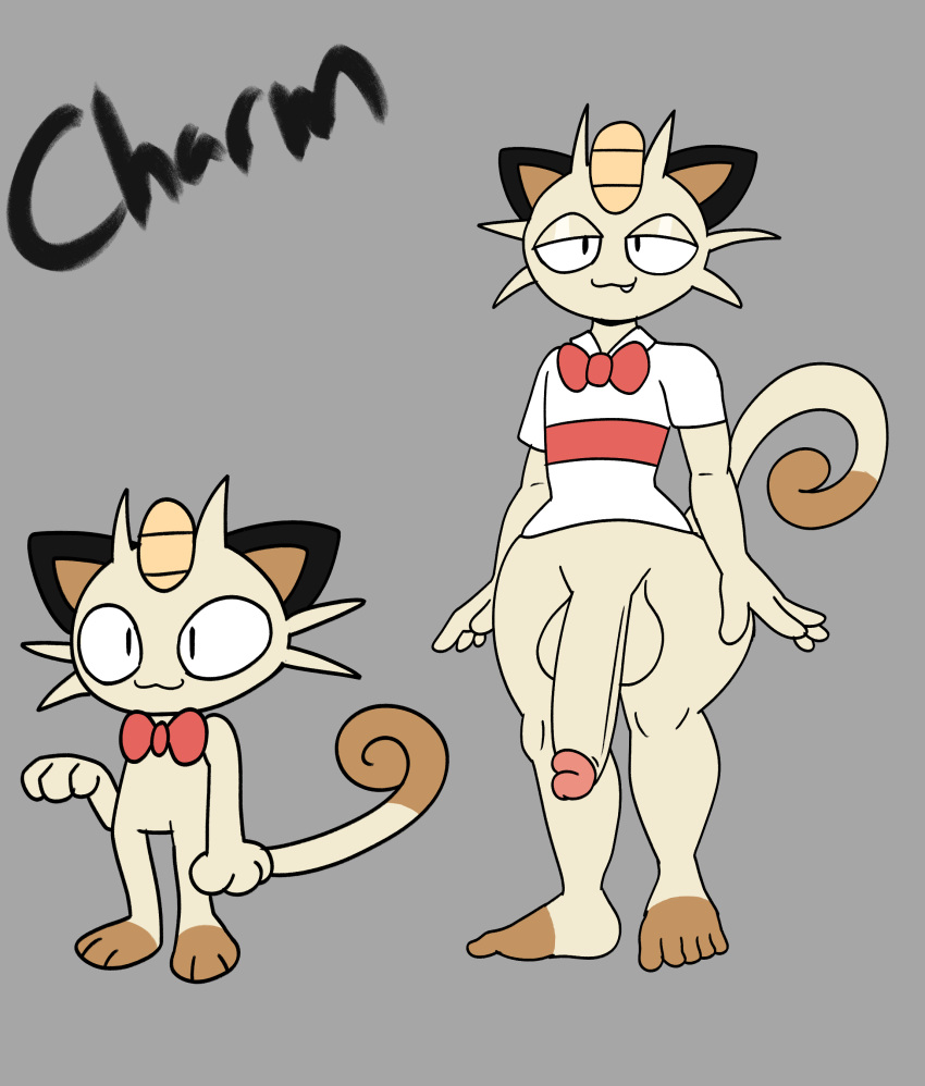 absurd_res anthro ass balls charm_(token_taker) digital_media_(artwork) english_text felid feline feral fur generation_1_pokemon genitals hi_res male male_genitalia mammal meowth model_sheet nintendo nude penis pokemon pokemon_(species) simple_background solo standing tail text token_taker