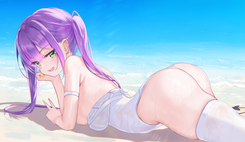 1girls ass beach blush breasts green_eyes holoforce hololive hololive_japan laying_down light-skinned_female light_skin medium_breasts one-piece_swimsuit outdoors pink_nails purple_hair red_o7 sand small_breasts solo succubus swimsuit tail tokoyami_towa twintails v virtual_youtuber water wet wet_skin yellow_nails