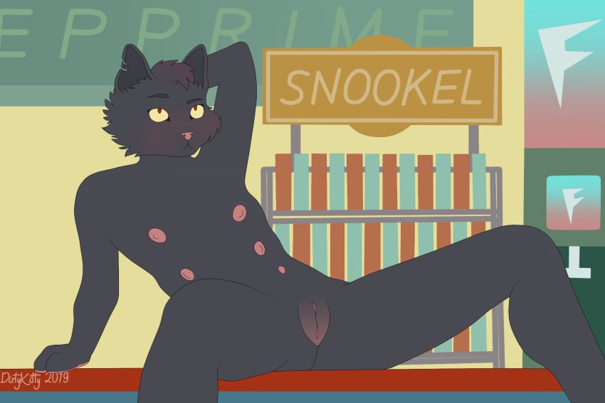 2019 anthro blush breasts detailed_background dirtykitty domestic_cat felid feline felis female fur hair hi_res inside looking_away mae_borowski mammal multi_nipple night_in_the_woods nipples nude pussy red_eyes shy solo video_games