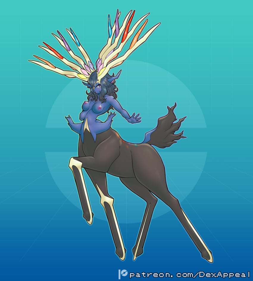 antlers black_body black_fur blue_body blue_eyes blue_fur blue_hair breasts deer deer_taur dex_appeal female fur generation_6_pokemon hair hi_res horn legendary_pokemon mammal mammal_taur monster_girl_(genre) nintendo nipples nude pokemon pokemon_(species) pokemorph simple_background solo tail taur xerneas xerneas_(active_mode)