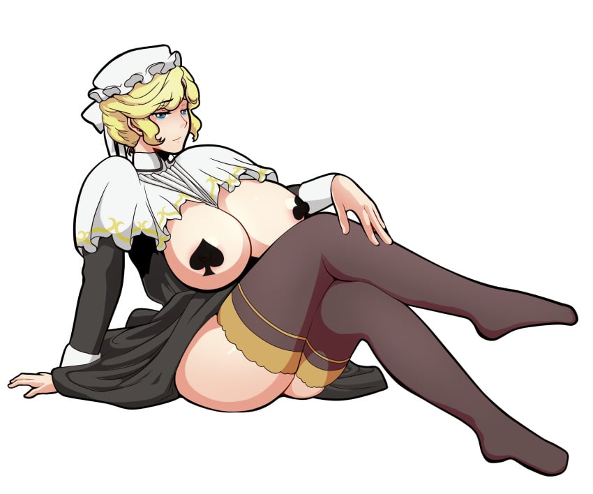 1girls alpha_channel areola_slip black_dress blonde_hair_female blue_eyes breasts_bigger_than_head breasts_out censored_nipples club_pasties for_sticker_use hand_on_knee legs_crossed maid_cap maid_uniform maria_(victoria_maid_maria_no_hoshi) no_background no_shoes percyshmultiverse png sitting spade_pasties sticker_template thigh_high_stockings transparent_background transparent_png uncensored_version_at_paywall victorian_maid victorian_maid_maria_no_houshi white_outline