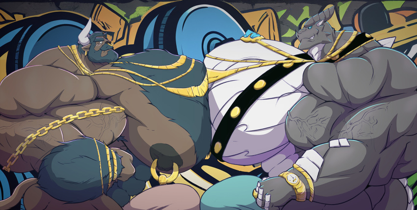 abs anthro barazoku biceps big_bulge big_muscles big_pecs blue_eyes bulge clock digital_media_(artwork) dragon duo flexing gold_(metal) gold_jewelry grey_body grin hi_res huge_bulge huge_muscles huge_pecs hyper hyper_bulge hyper_muscles hyper_pecs jewelry kardukk kardukk_(artist) kobold male male/male multicolored_body muscular muscular_anthro muscular_male mythological_creature mythological_scalie mythology nipples pecs reptile scalie shaded simple_background smile spikes sukiyo teasing teeth two_tone_body vein watch white_body