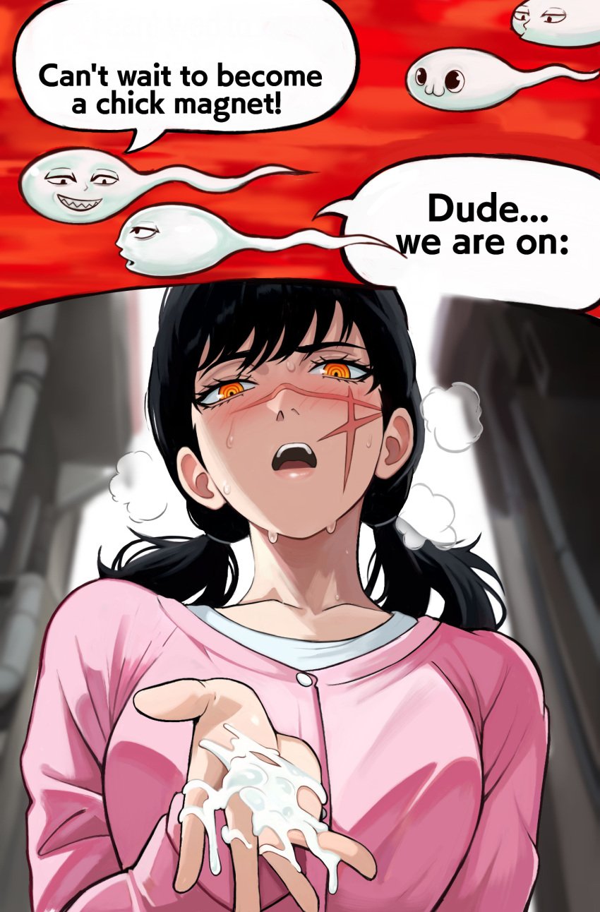 black_hair blush breasts buttons chainsaw_man chainsaw_man&#039;s_handjob_scene collarbone commentary cross_scar cum cum_on_hands female highres long_hair long_sleeves low_twintails medium_breasts meme neggoartz nose_blush open_mouth pink_shirt ringed_eyes scar scar_on_cheek scar_on_face scar_on_nose shirt sperm_cell sperm_cell_with_face sperm_conversation_(meme) surprised sweat teeth twintails upper_teeth_only yoru_(chainsaw_man)