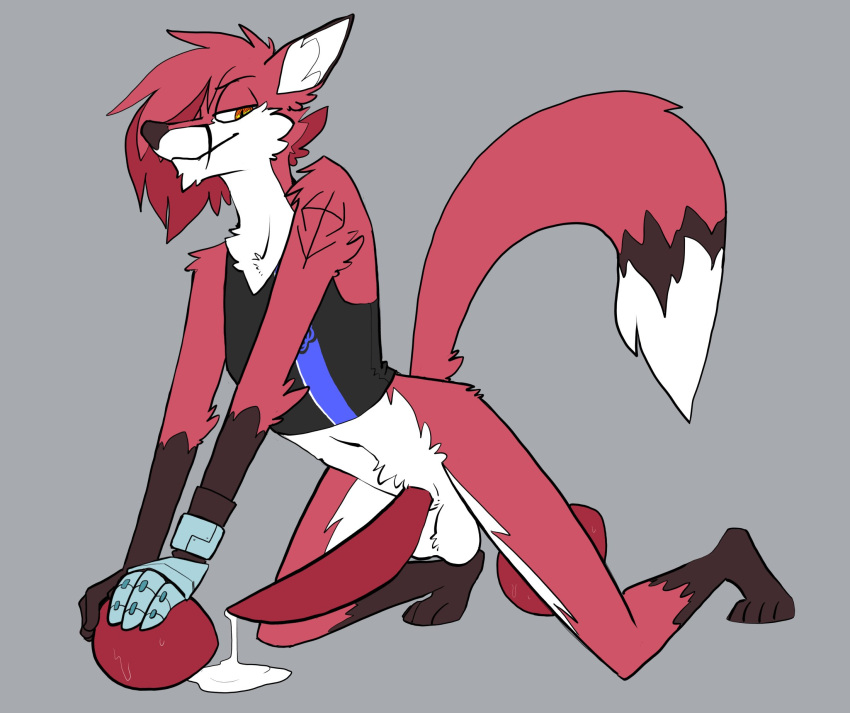 anthro ash_(topazknight) balls bodily_fluids bottomless canid canine clothed clothing crop_top cum egg femboy fox genital_fluids genitals hi_res looking_at_viewer male mammal navel penis shirt solo tapering_penis topazknight topwear topwear_only