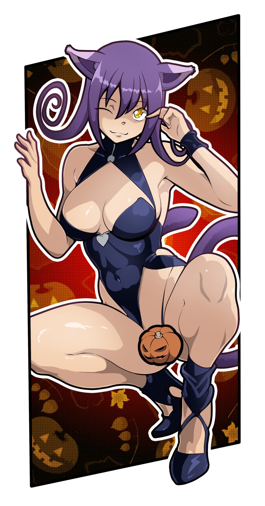 1girls alpha_channel blair_(soul_eater) cat_ears cat_tail catgirl censored_vagina for_sticker_use halloween_theme jack-o'-lantern object_censor percyshmultiverse png purple_fur purple_hair_female soul_eater sticker_template transparent_background transparent_png white_outline