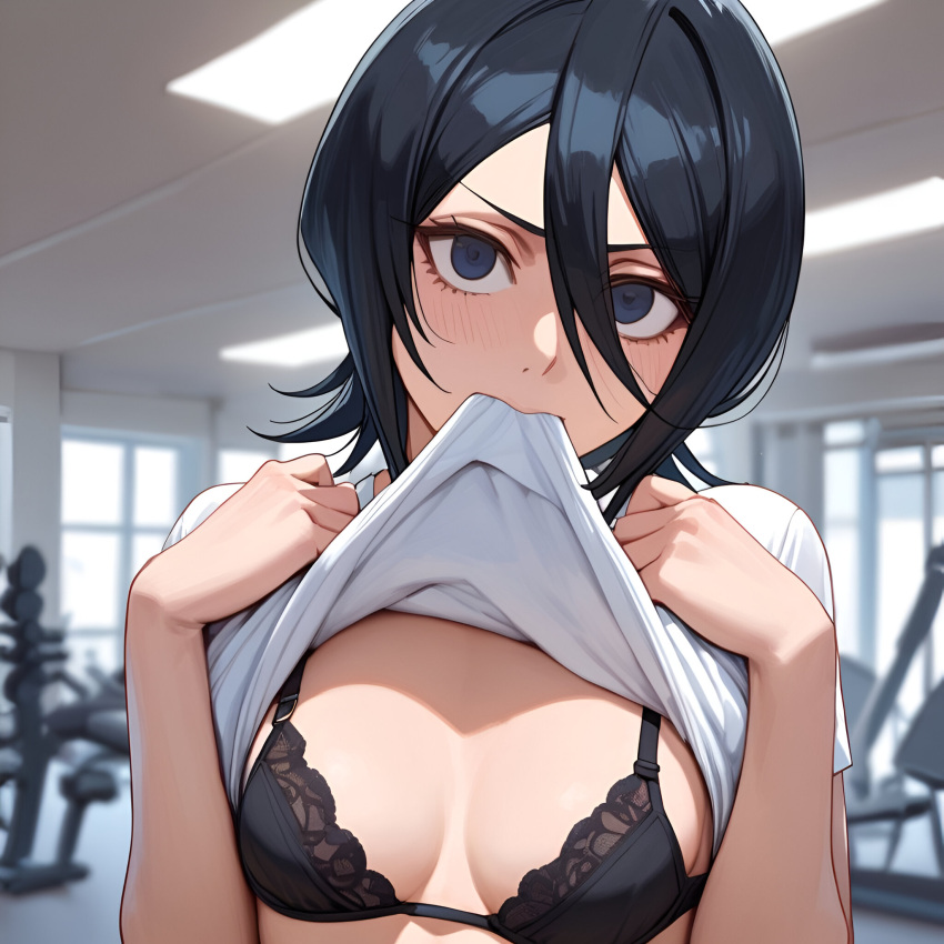 1girls ai_generated bleach bra cleavage female female_focus female_only gym gym_uniform kuchiki_rukia lifting_shirt light_skin seductive shy small_breasts withoutgod