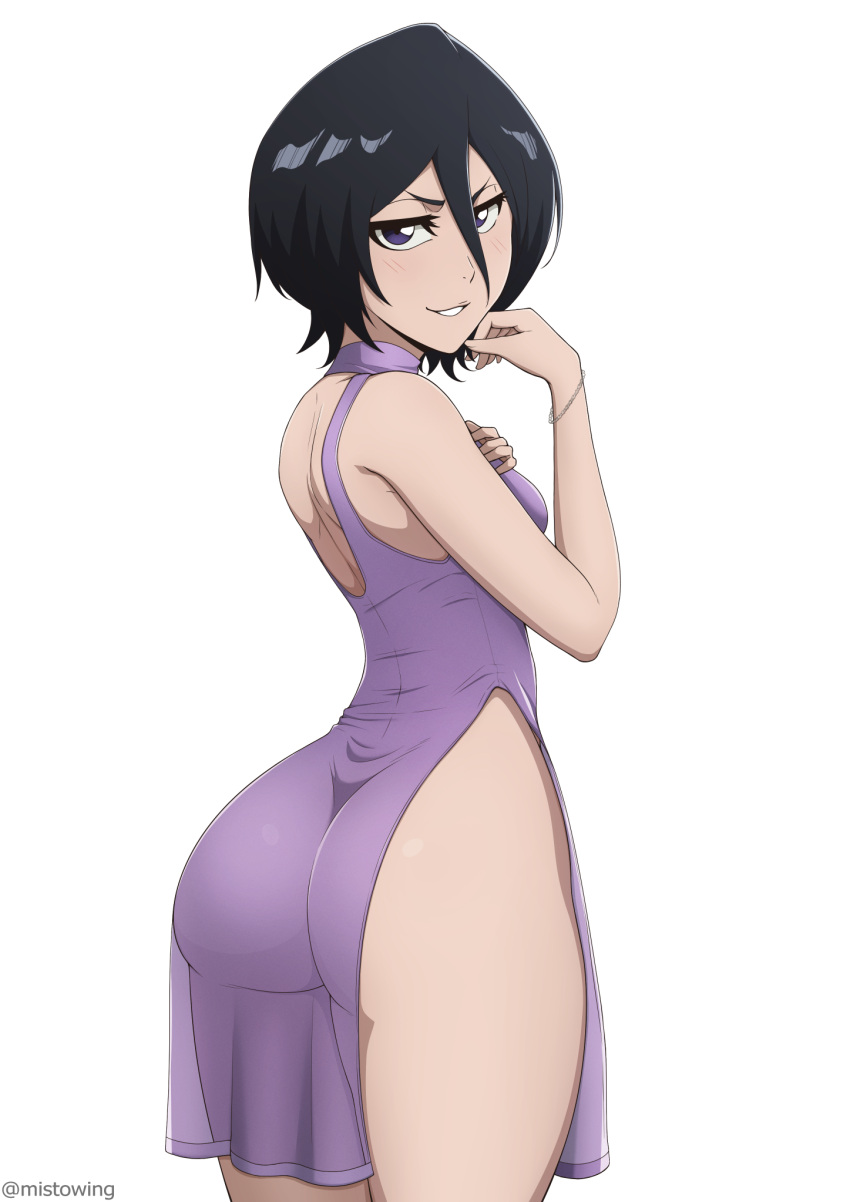 1girls ass ass_focus black_hair bleach blush bottom_heavy breasts clothing dress female female_only huge_ass kuchiki_rukia looking_at_viewer looking_back mistowing petite short_hair shortstack simple_background slit_dress small_breasts smug solo watermark white_background