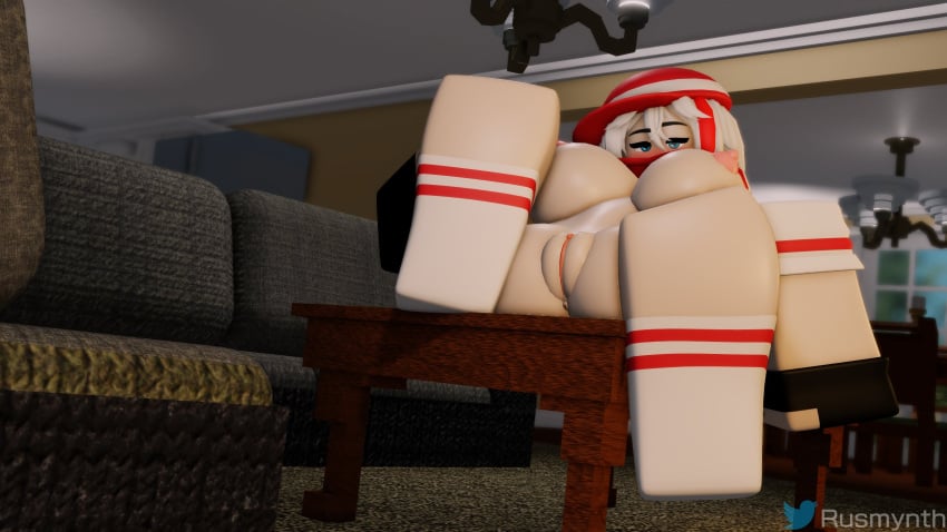 1girls 3d artist_name big_breasts black_gloves blue_eyes breasts female looking_at_viewer nipples on_table puffy_pussy pussy red_hat ria_(rusmynth) roblox robloxian rusmynth tagme thighs twitter_username white_hair white_skin