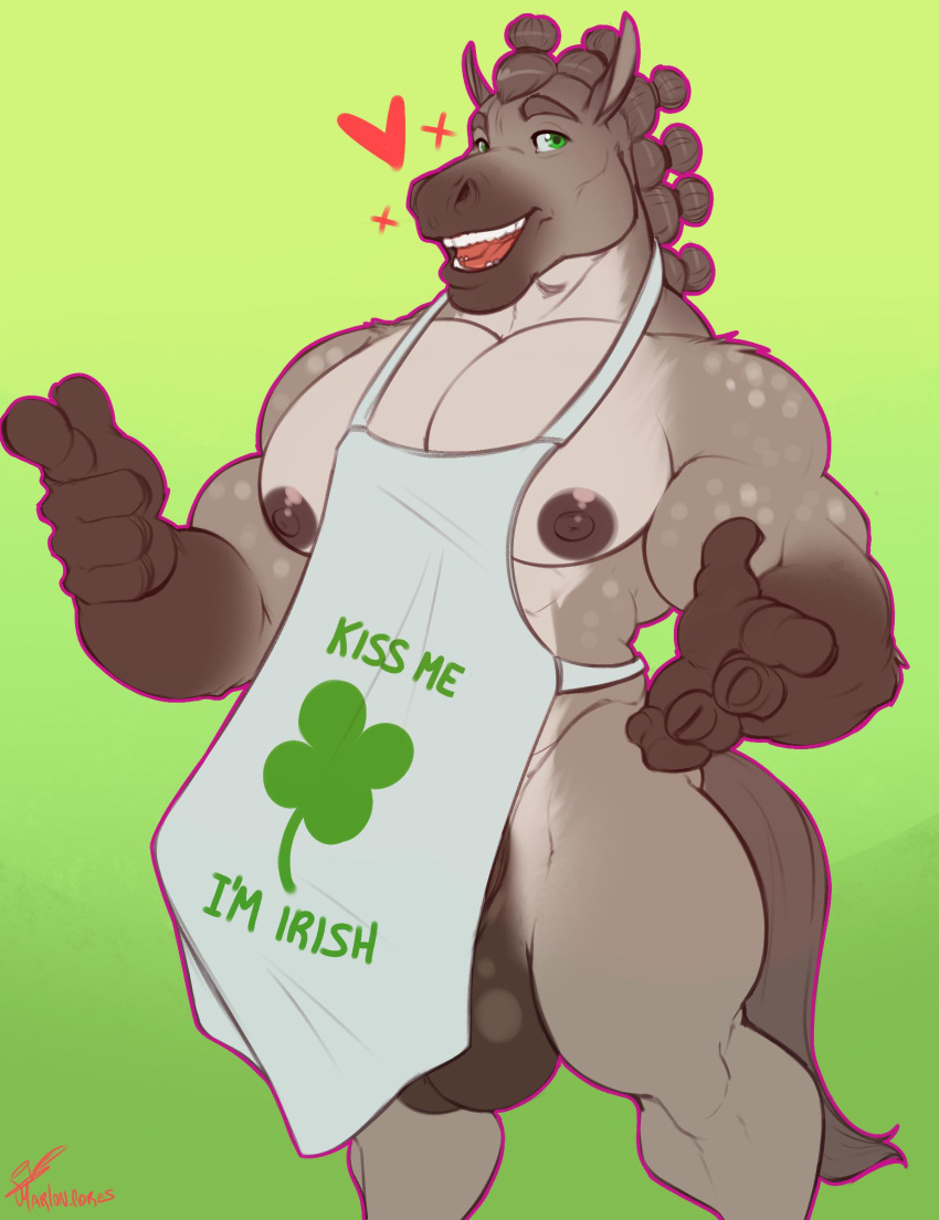 2019 5_fingers absurd_res anthro apron apron_only balls biceps big_muscles black_balls black_fur black_nipples clothing clover declan_o'hara draft_horse english_text equid equine eyebrows four_leaf_clover front_view fur gesture gradient_background green_eyes grey_eyebrows grey_fur grey_mane grey_teeth heart hi_res horse humanoid_hands looking_at_viewer male male_only mammal mane marlon.cores mostly_nude multicolored_fur muscular muscular_male nipples open_mouth pecs pointing portrait signature simple_background smile solo standing teeth text three-quarter_portrait