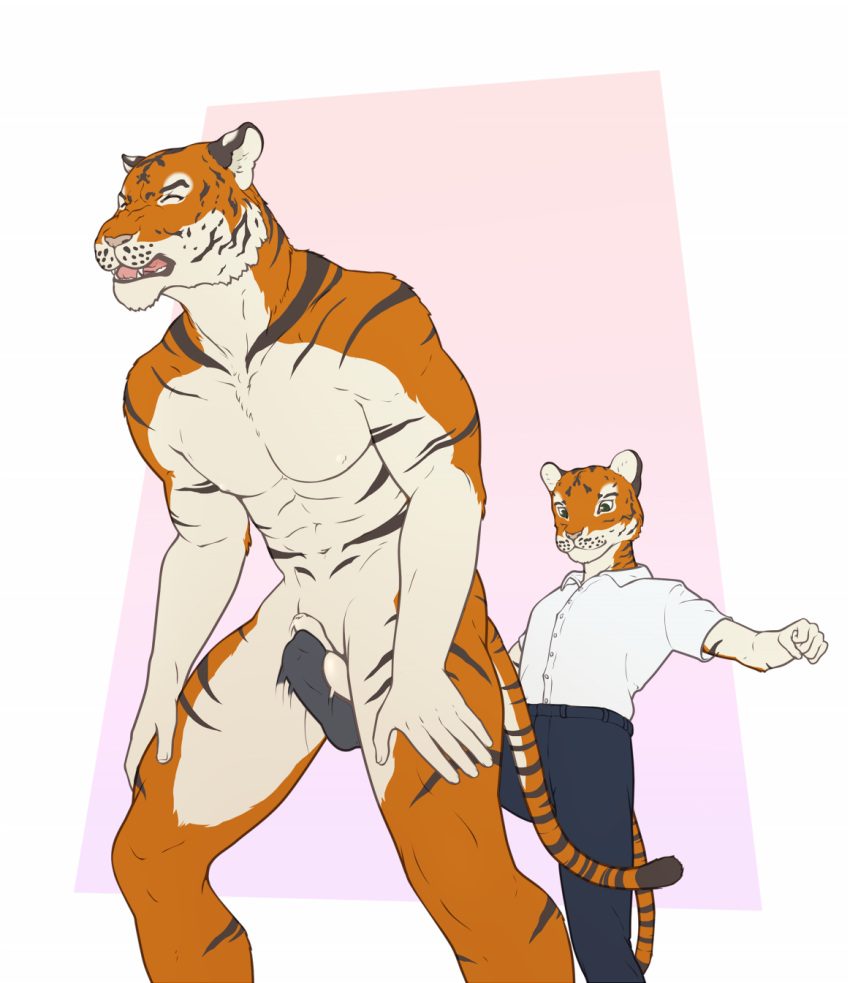 9x9 anthro ballbusting balls clothed clothing cock_and_ball_torture control_bestow_therapy father father_and_son felid flaccid genital_torture hi_res kick male male_only mammal muscular nude pantherine parent penis size_difference son story story_in_description tiger young