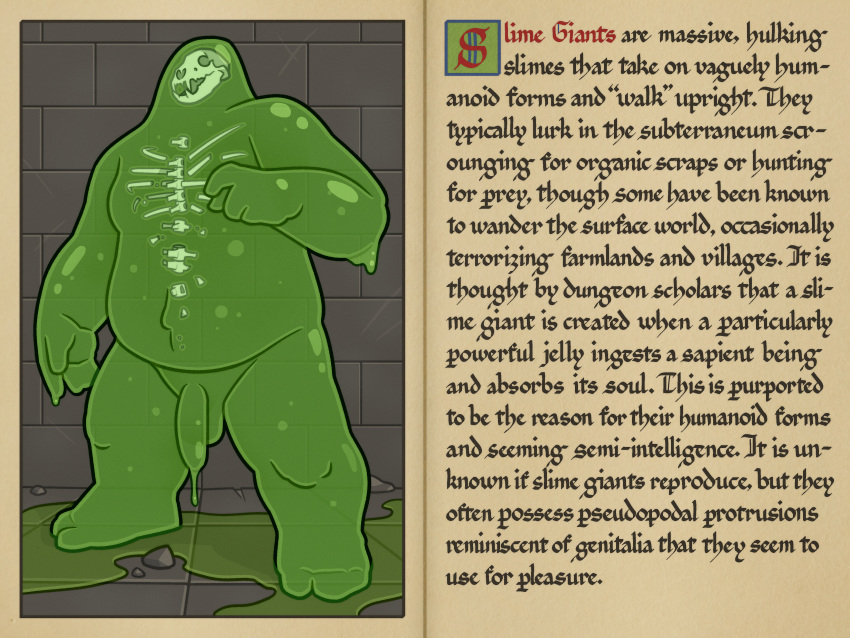 absurd_res balls bear bone bubble cel_shading detailed_background dripping dripping_penis genitals glistening goo_creature goo_humanoid hi_res humanoid male mammal monster overweight overweight_male penis quasarbearcat rock shaded skeleton skull slime solo standing text