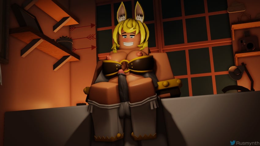 1boy 1girls 3d artist_name big_breasts big_dick big_penis grey_body grey_skin liru on_bed penis renkin_san-kyuu_magical_pokaan roblox robloxian rusmynth sitting sitting_on_person sky_blue_eyes smile tagme tagme_(character) twitter_username yellow_hair