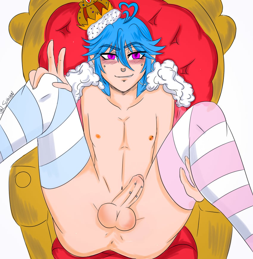 blue_hair crown femboy king nipple_piercing nude penis penis_piercing piercing piercings purple_eyes smile suibian suibian_lu yaoi