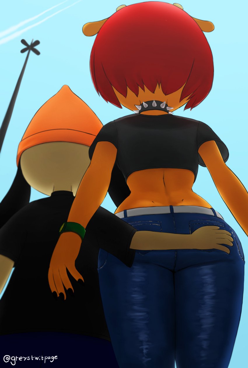 1boy ass beanie belt black_shirt blue_jeans clothing female greystwitpage_(artist) hand_on_ass jeans lammy_lamb male neckwear parappa parappa_the_rapper red_hair sony_corporation sony_interactive_entertainment um_jammer_lammy wristwear