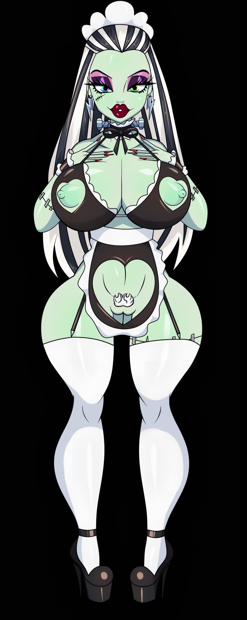 1girls big_ass big_breasts bimbo bimbo_body bimbo_lip bimbo_lips bimbofication bimbofied black_hair female frankie_stein green_skin high_heels jose12mexico lingerie maid_uniform monster_high platform_heels platform_shoes posing seductive white_hair white_thigh_highs