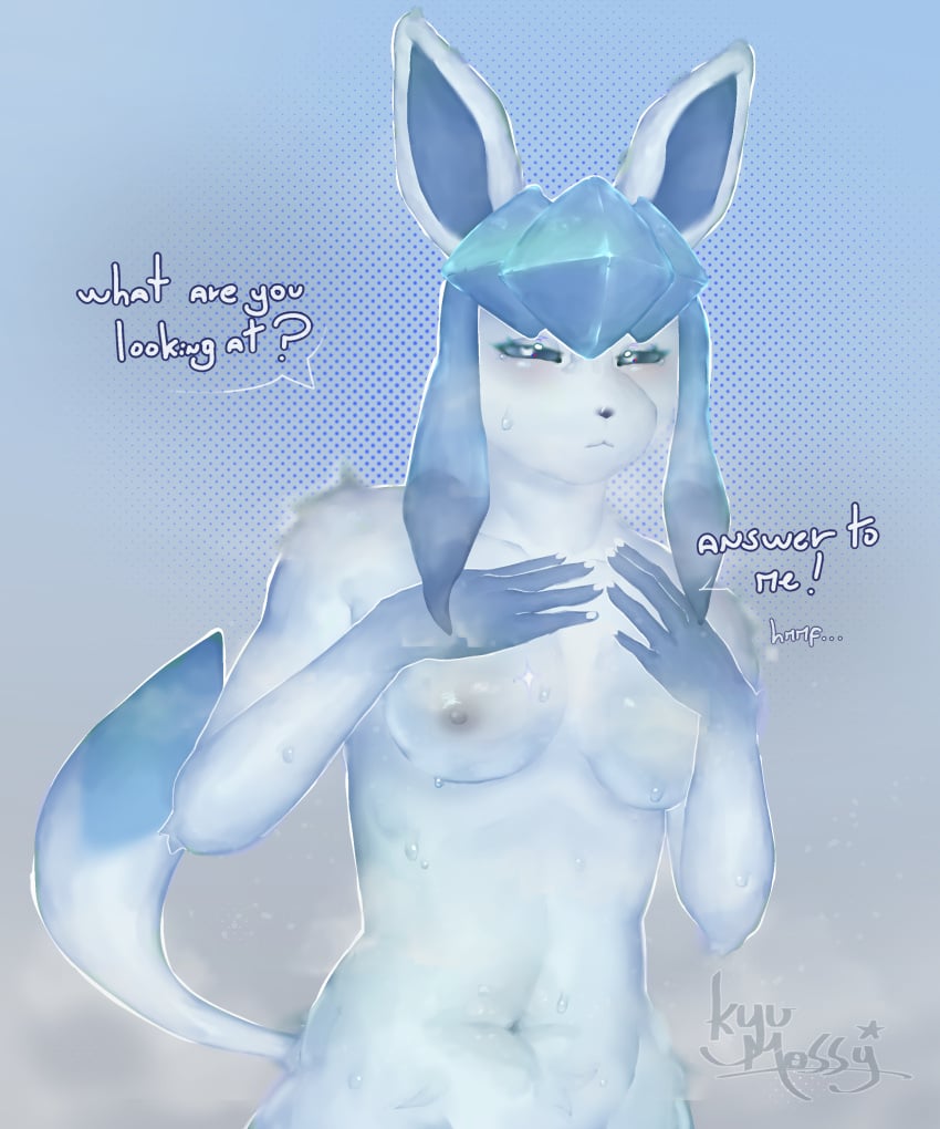 absurd_res anthro areola bodily_fluids breasts eeveelution female generation_4_pokemon glaceon hi_res kyumossy nintendo nipples pokemon pokemon_(species) small_breasts solo sweat sweatdrop white_areola white_nipples