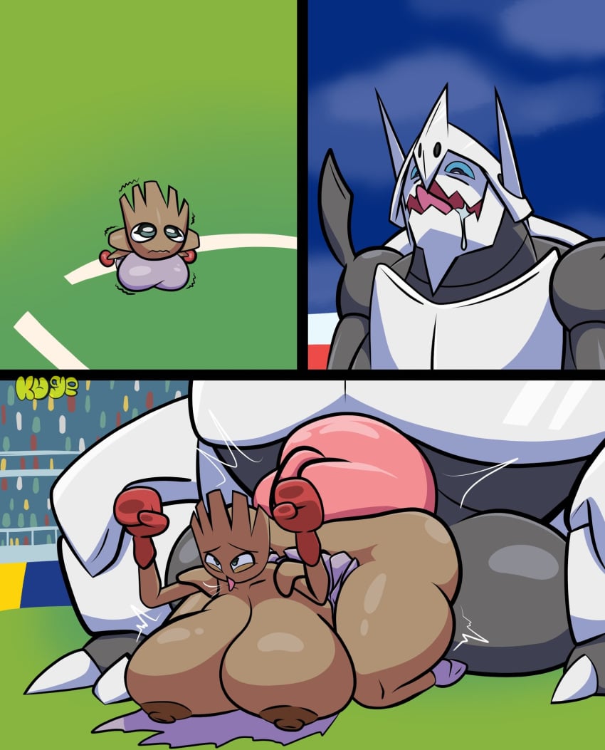 anthro balls big_balls big_breasts big_penis black_body breasts brown_body comic duo female generation_1_pokemon generation_6_pokemon genitals hi_res hitmonchan huge_balls huge_breasts huge_cock kuge larger_male male male/female mega_aggron mega_evolution nintendo penetration penis pokemon pokemon_(species) scared size_difference smaller_female tongue