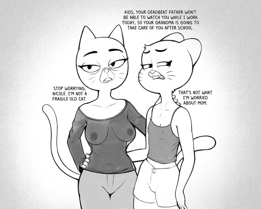 2024 2girls age_difference alternate_costume anthro areola arm_around_partner bare_shoulders bent_arm big_areola big_breasts big_eyes biped black_text bottomwear breast_size_difference breasts cartoon_network clothed clothed_anthro clothed_female clothing collarbone curved_eyebrows dark_eyebrows daughter dialogue digital_drawing_(artwork) digital_media_(artwork) domestic_cat drockdraw duo elderly_anthro elderly_female english_text eyebrows eyelashes fangs felid feline felis female female_only fingers front_view fully_clothed fully_clothed_anthro fully_clothed_female fur fur_tuft gilf greyscale gumball_watterson half-closed_eyes hand_on_hip hand_on_own_hip head_tuft hi_res humanoid_hands legs_together looking_aside looking_at_viewer mammal markings mary_senicourt mature mature_anthro mature_female mature_woman milf monochrome mother mother_and_child mother_and_daughter name_drop name_in_dialogue narrowed_eyes navel nicole_watterson nipple_outline nipples old old_woman older_female open_mouth pants parent parent_and_child parent_and_daughter prick_ears shirt shorts small_breasts snout standing tail talking_to_another tank_top teeth text the_amazing_world_of_gumball thick_thighs tongue topwear translucent translucent_clothing translucent_shirt translucent_topwear tuft whisker_markings whiskers wide_hips younger_female