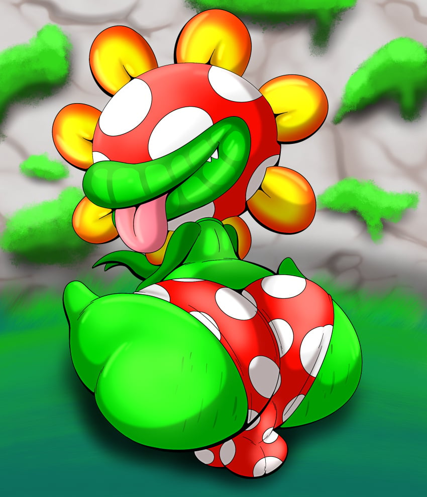 absurd_res anthro ass bianco_hills big_butt bulge clothed clothing detailed_bulge elemental_creature flora_fauna grass hi_res isle_delfino looking_back male mario_(series) nintendo petey_piranha piranha_plant plant polka_dot_panties presenting presenting_hindquarters sitting solo super_mario_sunshine tepigfan101 tongue tongue_out underwear underwear_only