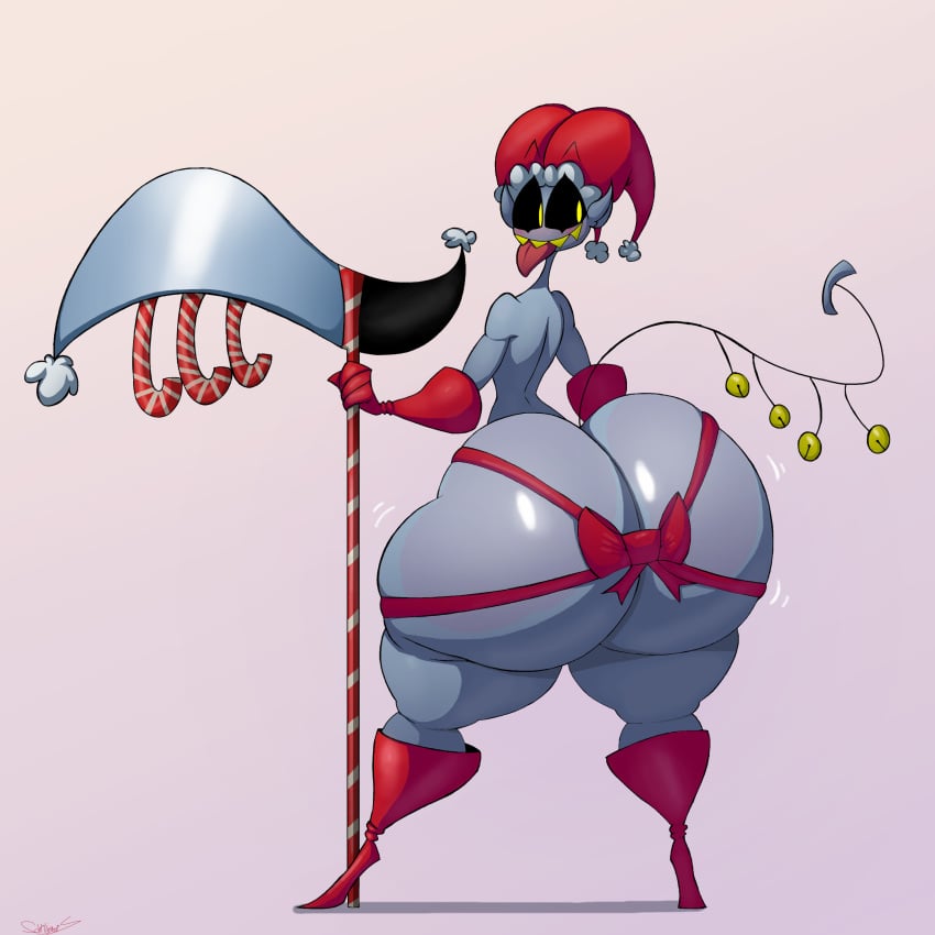 1:1 absurd_res ass bell big_ass big_butt blush boots candy candy_cane christmas clothing darkner deltarune dessert dumptruck_ass femboy food footwear gift_wrapped gloves handwear hat headgear headwear hi_res holidays huge_ass huge_butt humanoid humanoid_pointy_ears hyper hyper_ass hyper_butt imp jester jevil_(deltarune) large_ass looking_back male melee_weapon not_furry nude polearm rear_view schplingnops scythe sharp_teeth simple_background smile solo teeth thick_thighs tongue undertale_(series) weapon wide_hips