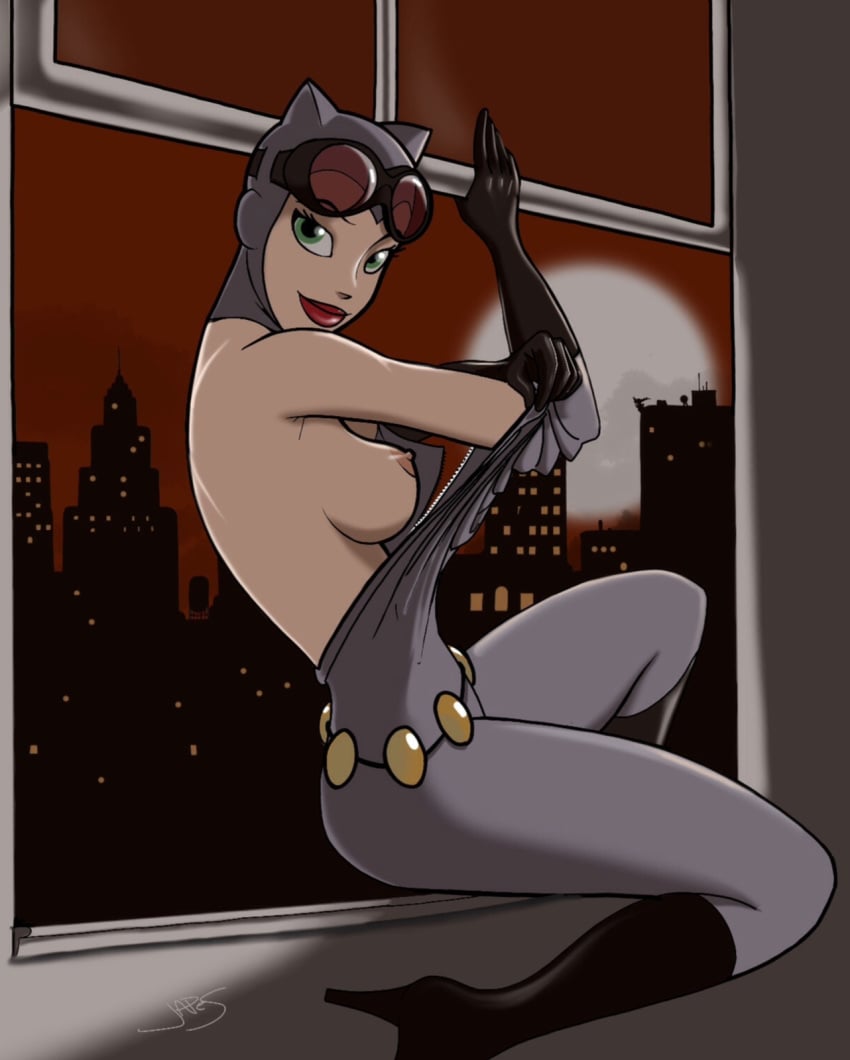 1girls batman:_the_animated_series batman_(series) big_breasts bodysuit boots breasts catwoman catwoman_(dcau) dc dc_comics dcau female female_only gloves goggles goggles_on_head green_eyes high_heel_boots japes knee_boots looking_at_viewer moon night nipples red_lipstick selina_kyle sideboob sitting smile solo straight_hair undressing unzipped window