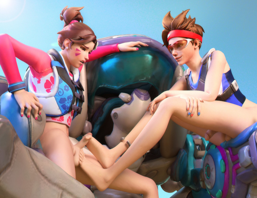 2futas 3d alternate_costume balls barefoot big_feet d.va dawadd dickgirl erection feet foot_fetish footjob futa_on_futa futa_only futanari intersex overwatch penis testicles toes tracer track_and_field_tracer waveracer_d.va