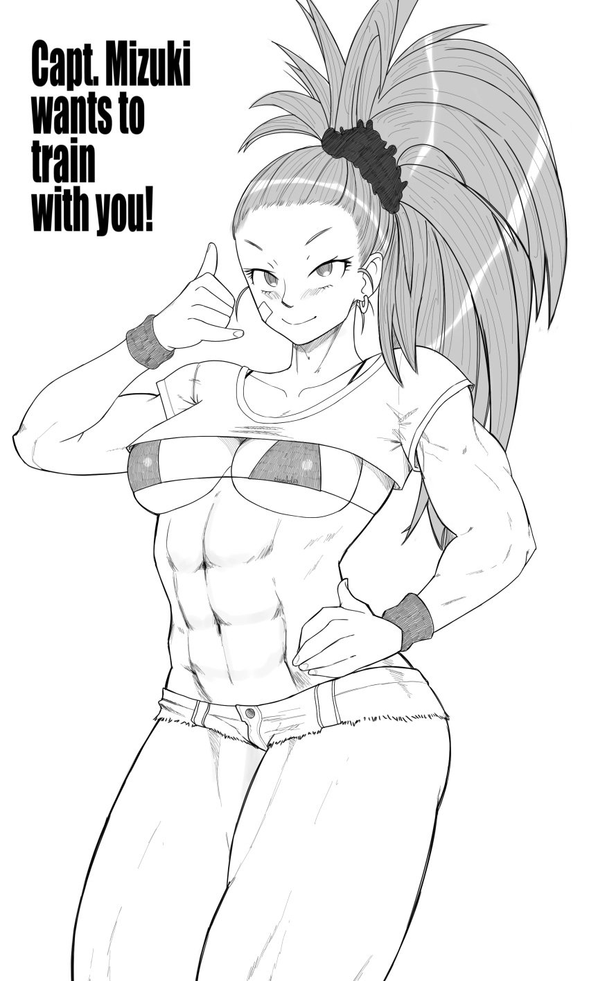 1girls abs biceps bikini_top breasts captain_mizuki character_name clothed cowboy_shot denim_shorts earrings english_text eyelashes female female_only front_view gesture hand_on_hip high_ponytail huge_breasts human joylewds long_ponytail looking_at_viewer medium_breasts monochrome muscle_worship muscles muscular_female naughty_face one-punch_man ponytail seductive seductive_smile short_shorts shorts simple_background skimpy smile solo text thick_thighs underboob white_background wristbands