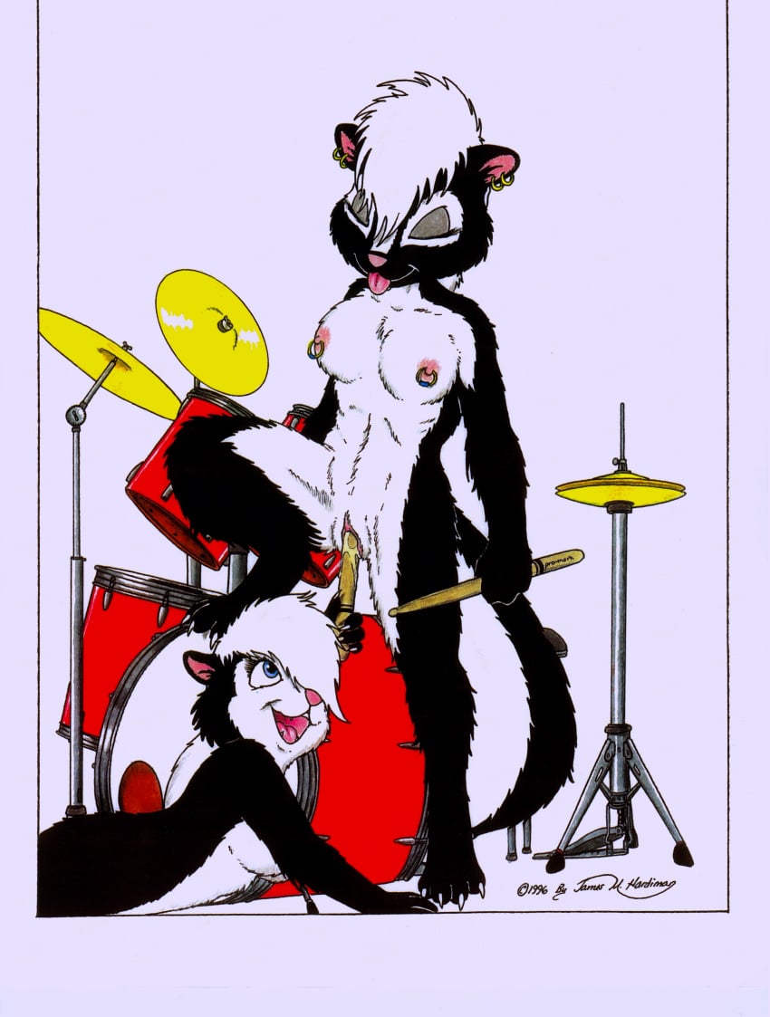 1990s 1996 20th_century absurd_res anthro breasts closed_eyes dildo drumset duo female hi_res improvised_sex_toy james_m_hardiman male mammal mephitid nicole nipples onyx penetration piercing sex_toy simple_background skunk tongue vaginal_penetration yuri